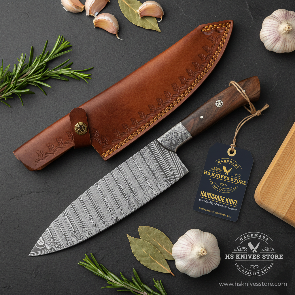 Damascus chef knife flat lay hang tag slate surface herbs rosemary garlic chef styling