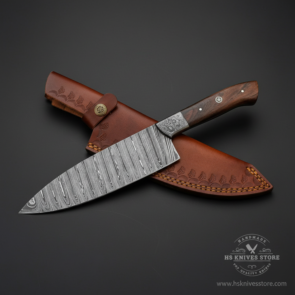 Damascus steel chef knife walnut handle engraved bolster studio mirror view dark background