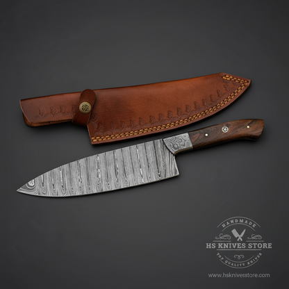 Damascus steel chef knife walnut handle engraved bolster dark charcoal studio photography