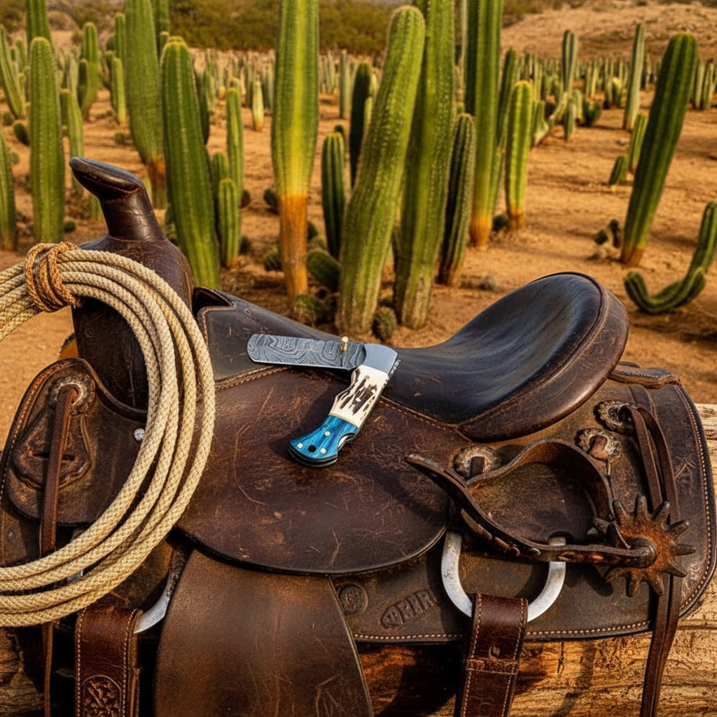 Damascus folding bull cutter knife on leather saddle with cowboy rope and spurs western ranch setting
