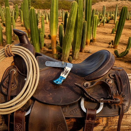 Damascus folding bull cutter knife on leather saddle with cowboy rope and spurs western ranch setting