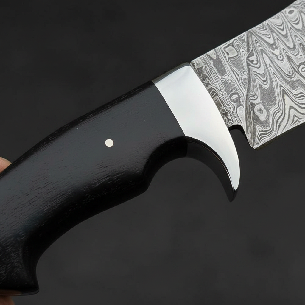 damascus-hunting-knife-black-horn-handle-macro