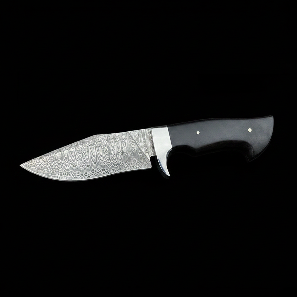 damascus-hunting-knife-black-horn-studio-left