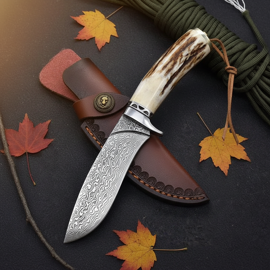 damascus-hunting-knife-flat-lay-slate-paracord