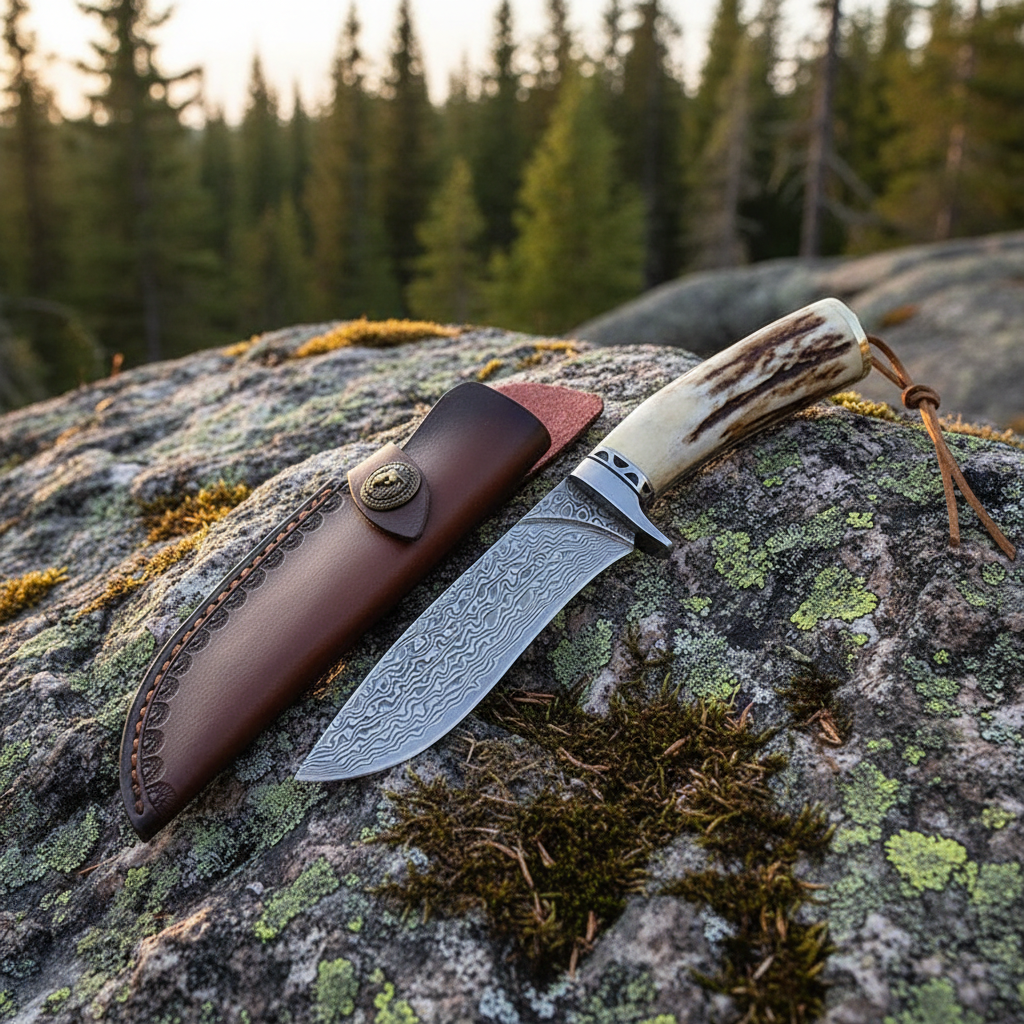 damascus-hunting-knife-outdoor-forest-golden-hour
