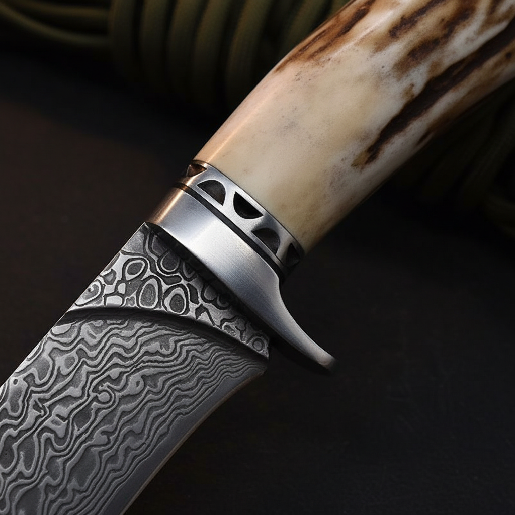 damascus-hunting-knife-stag-antler-handle-macro