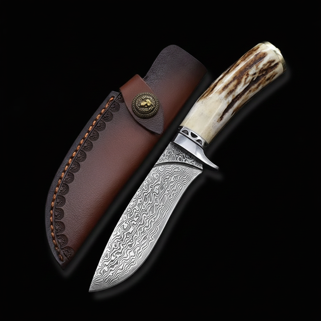 damascus-hunting-knife-stag-antler-studio-right