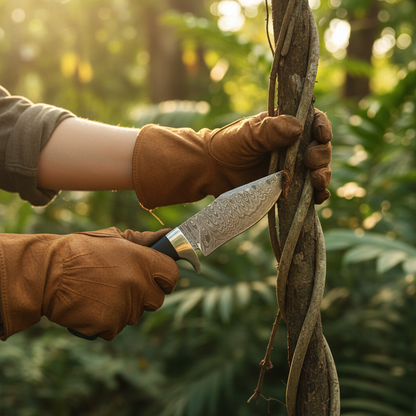 damascus-knife-hands-cutting-jungle-closeup