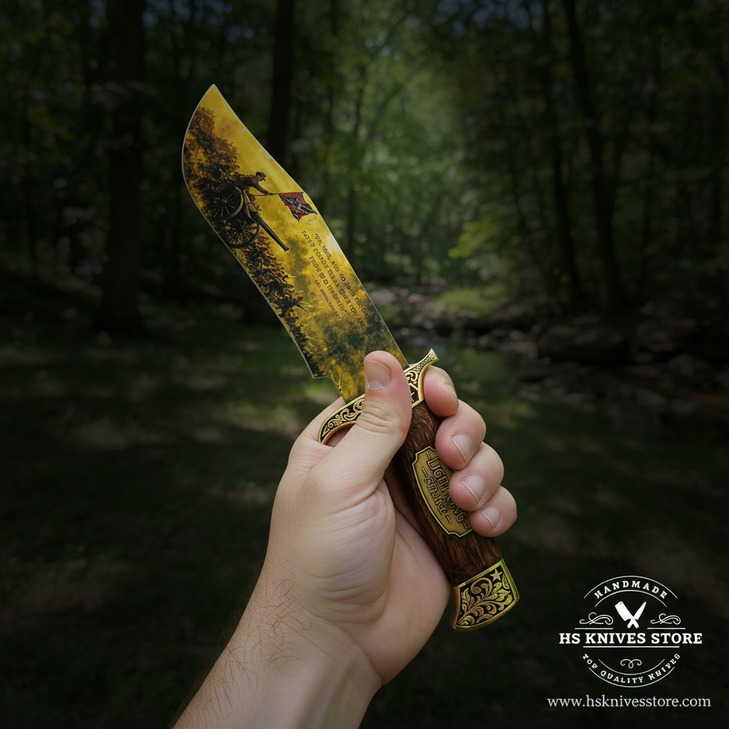 A hand holds a custom fixed-blade knife with a yellow-gold blade featuring a forest illustration and a brown wooden handle with gold accents, set against a blurred forest background.