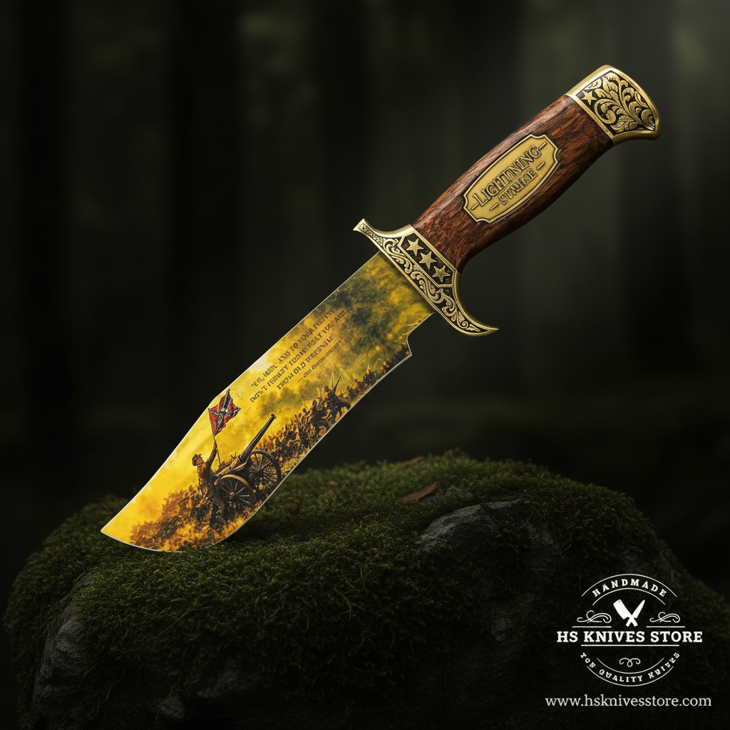 A decorative fixed-blade knife with an engraved wooden handle and a blade featuring a golden battle scene, displayed on mossy rocks against a dark forest background. The blade includes the text 'HONORING THE HEROES' and '1945'.