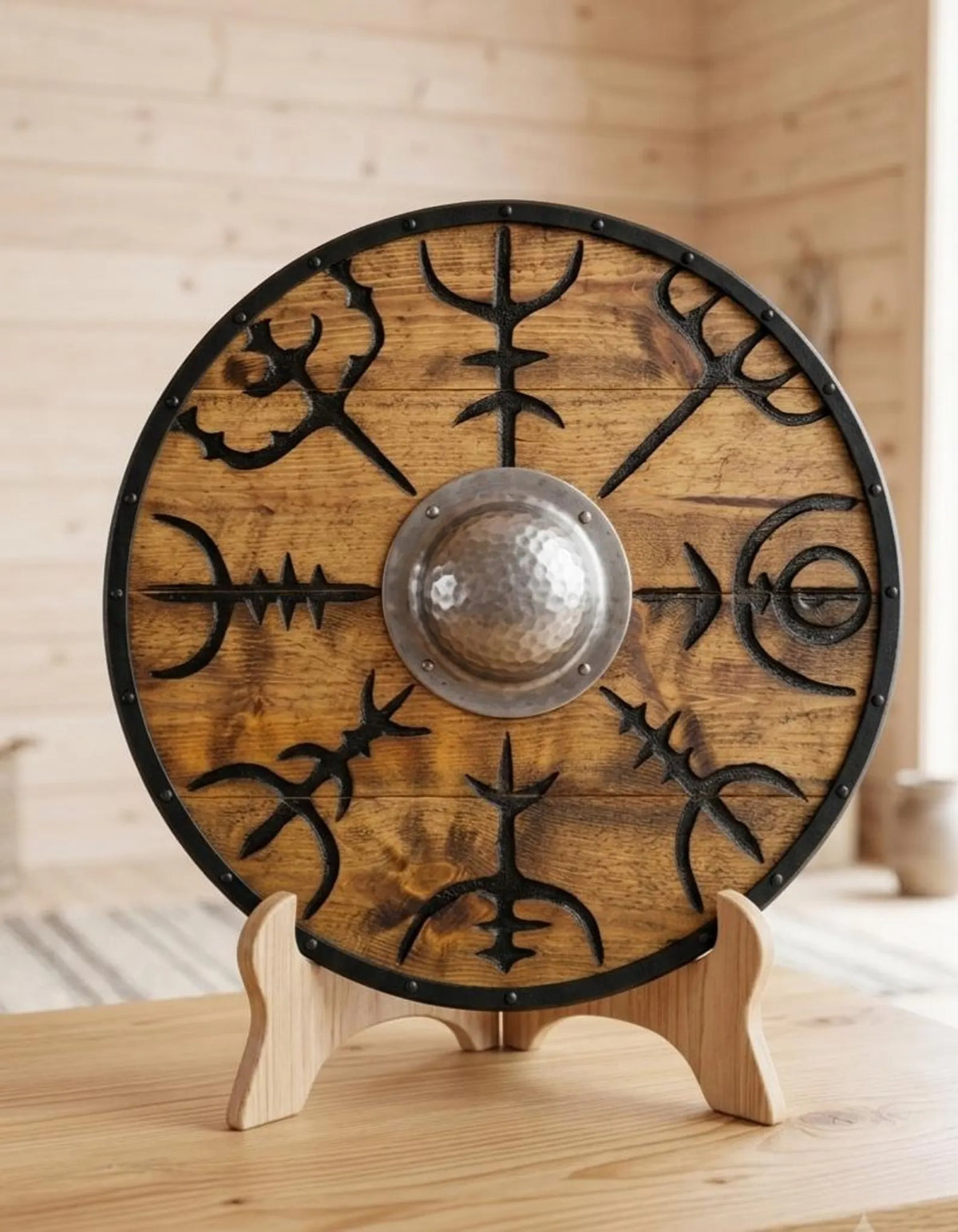 Round wooden Viking-style shield with black metal runic symbols and a hammered silver-toned central boss, displayed on a small wooden stand in a softly blurred wood-paneled room.