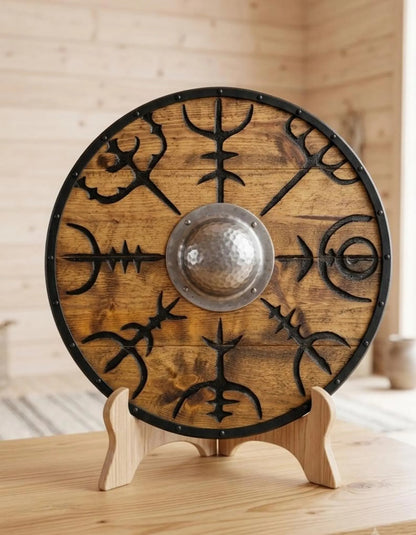 Round wooden Viking-style shield with black metal runic symbols and a hammered silver-toned central boss, displayed on a small wooden stand in a softly blurred wood-paneled room.