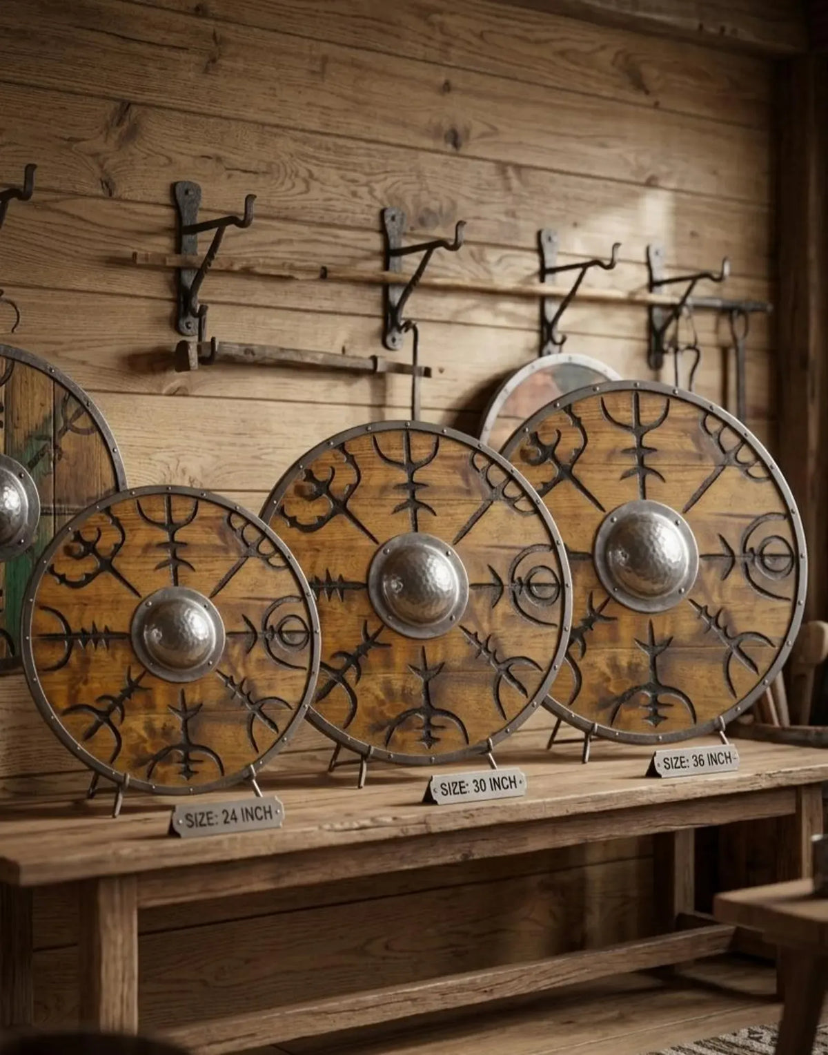 Three round wooden Viking-style shields with metal rims and central bosses, displayed on a wooden shelf against a rustic wood plank wall.