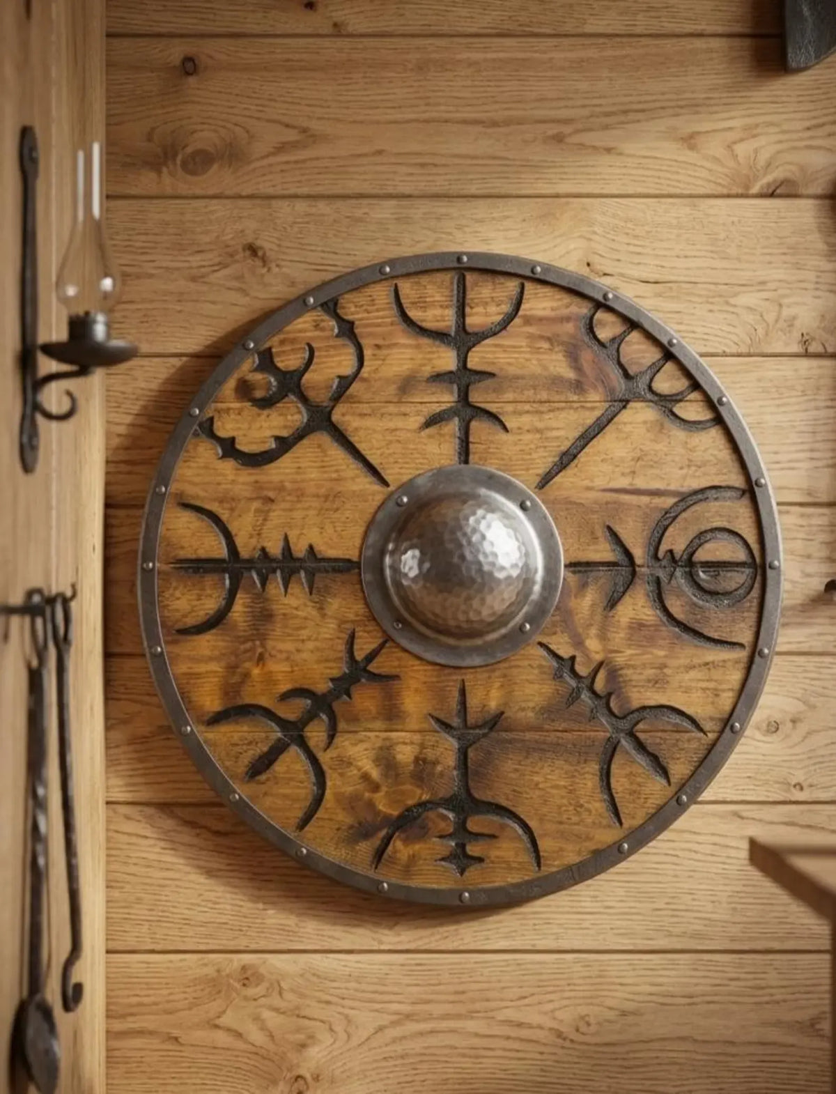 A round Viking-style wall shield with a wooden face, dark metal rim, and central hammered dome, mounted on a wood-paneled wall.