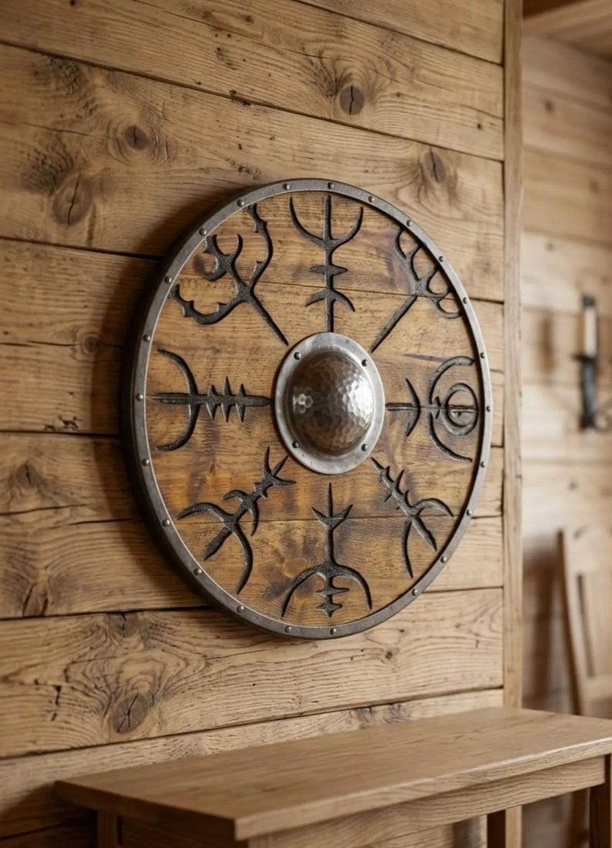 A round Viking-style wooden wall shield with black metal cutouts and a hammered bronze center, mounted on a rustic wood-paneled wall above a wooden bench.
