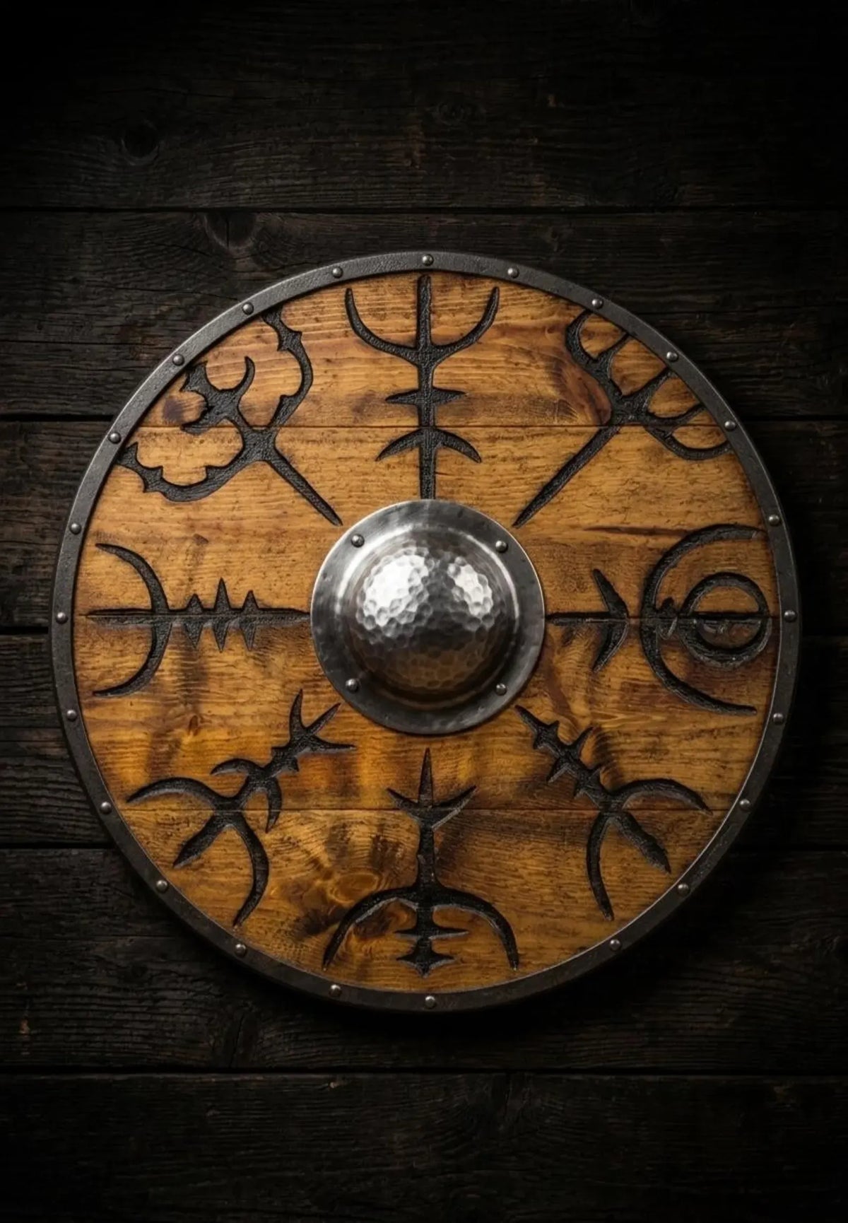 A round wooden Viking-style shield with engraved black runic symbols and a central hammered metal boss, displayed against a dark rustic wooden plank background.