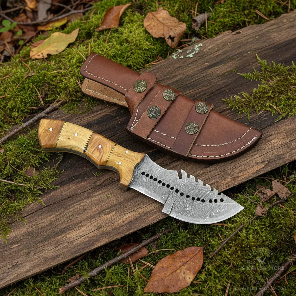 fixed-blade knife with a patterned steel blade and a light wood handle lies on a weathered log outdoors, next to a brown leather sheath. Moss, fallen leaves, and tree branches are visible in the surrounding environment.