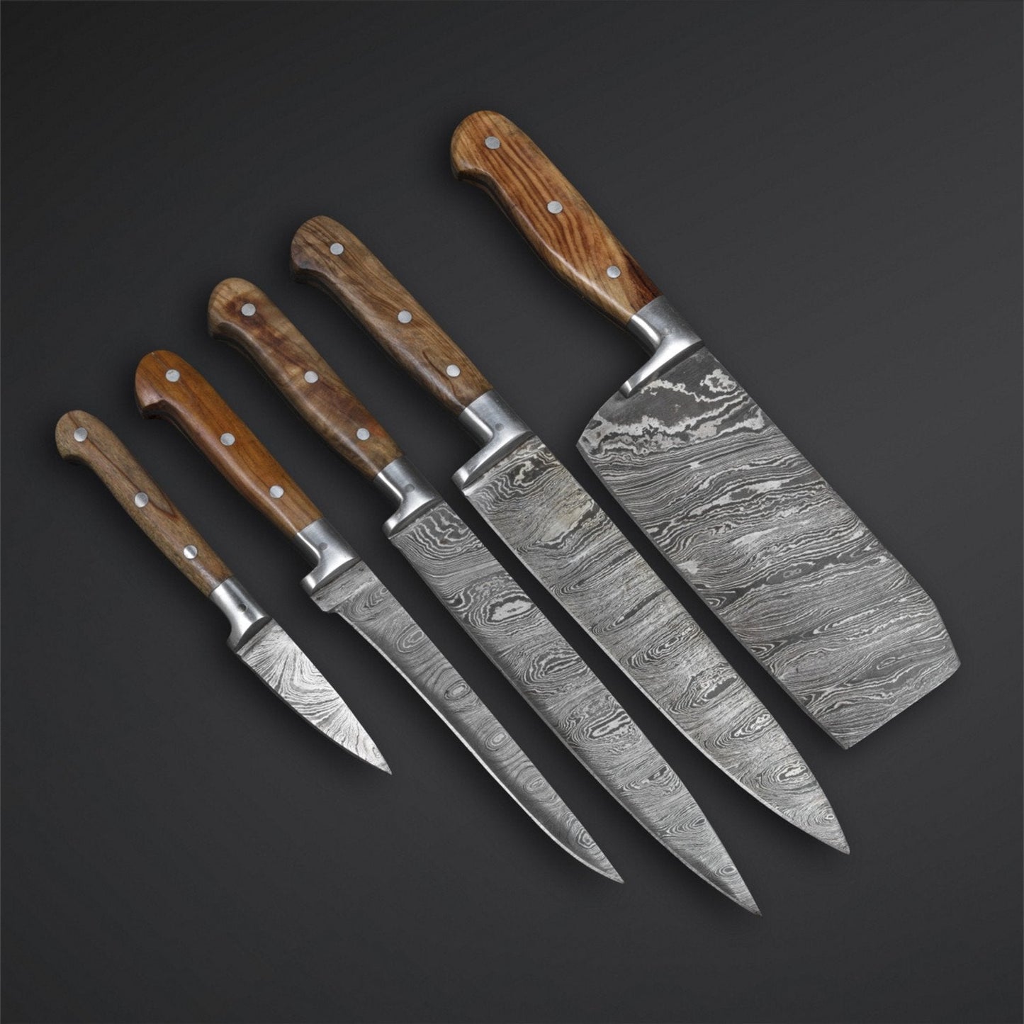 HS-212 Custom Handmade Damascus Kitchen-Chef Knives Set Lot Of Five Pecs With Wood Handle