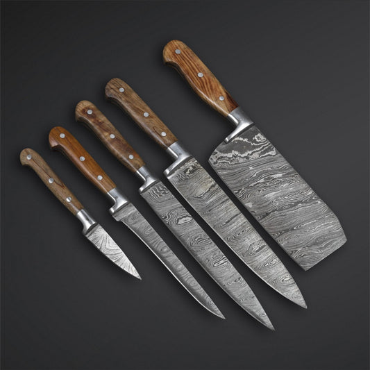 HS-212 Custom Handmade Damascus Kitchen-Chef Knives Set Lot Of Five Pecs With Wood Handle