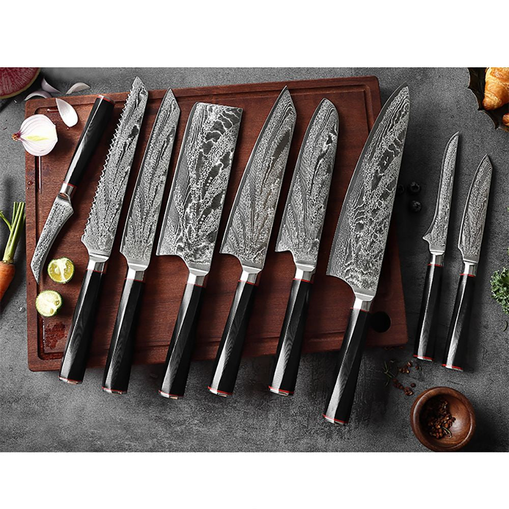 HS-179 Custom Handmade Damascus Nine Pecs Kitchen/Chef Knives - Black Handle