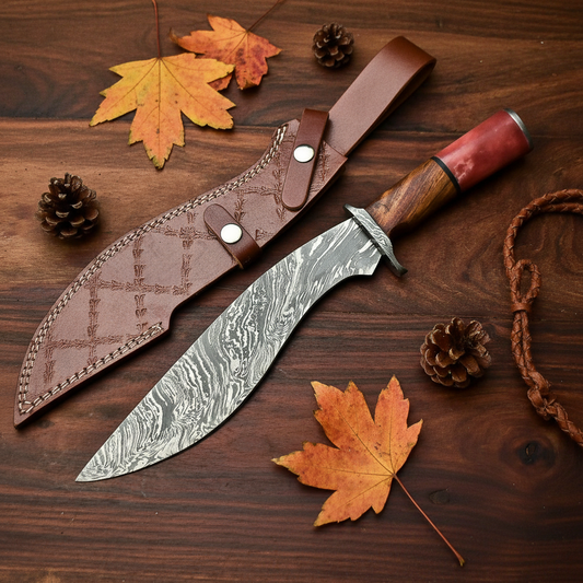 A fixed-blade knife with a patterned steel blade and reddish-brown wooden handle, displayed beside a brown leather sheath on a dark wood surface with autumn leaves and pinecones.