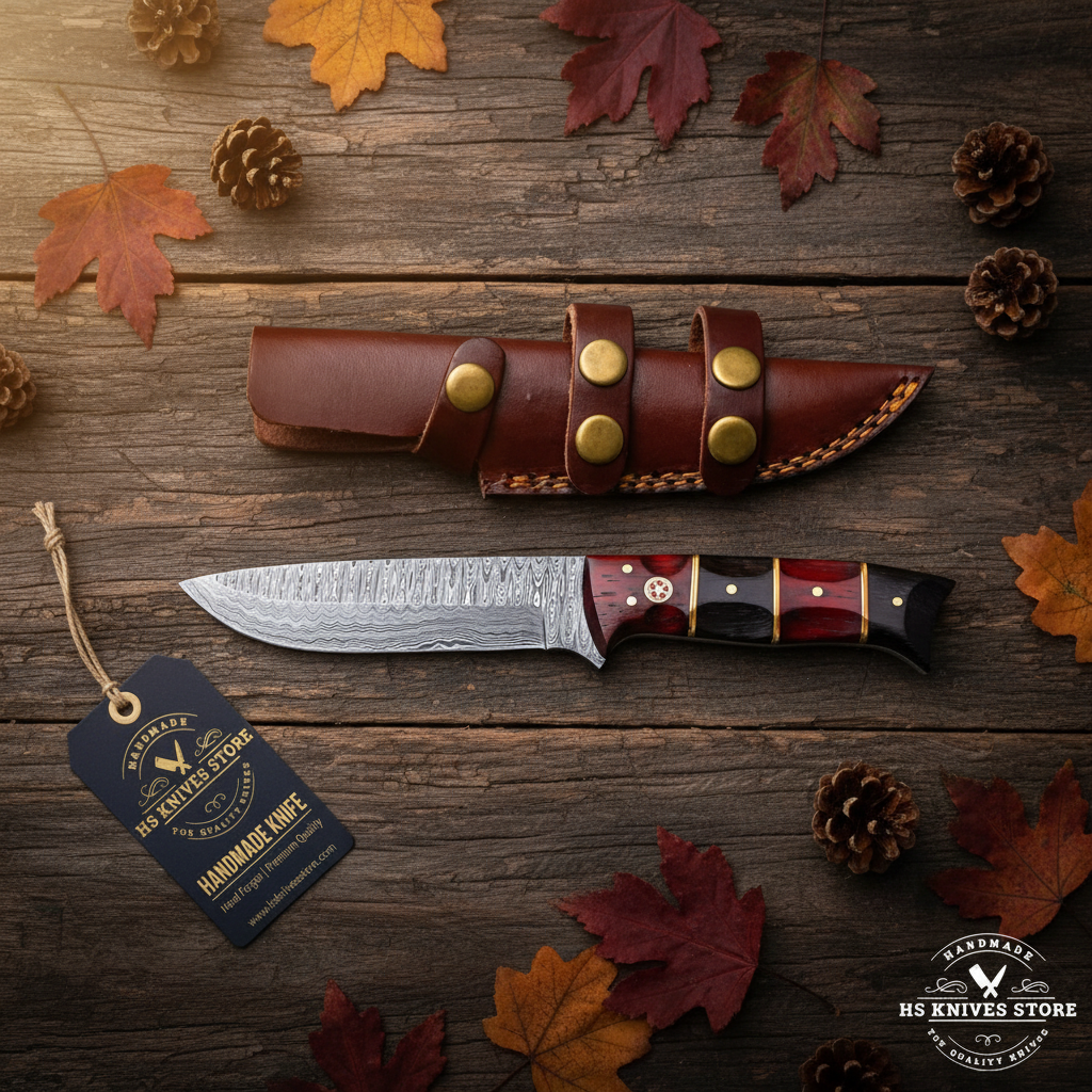 A handmade fixed-blade knife with a patterned steel blade and a dark wood handle with red and gold accents, displayed on a rustic wooden surface with autumn leaves and pinecones. A brown leather sheath and a dark blue brand tag are also shown.