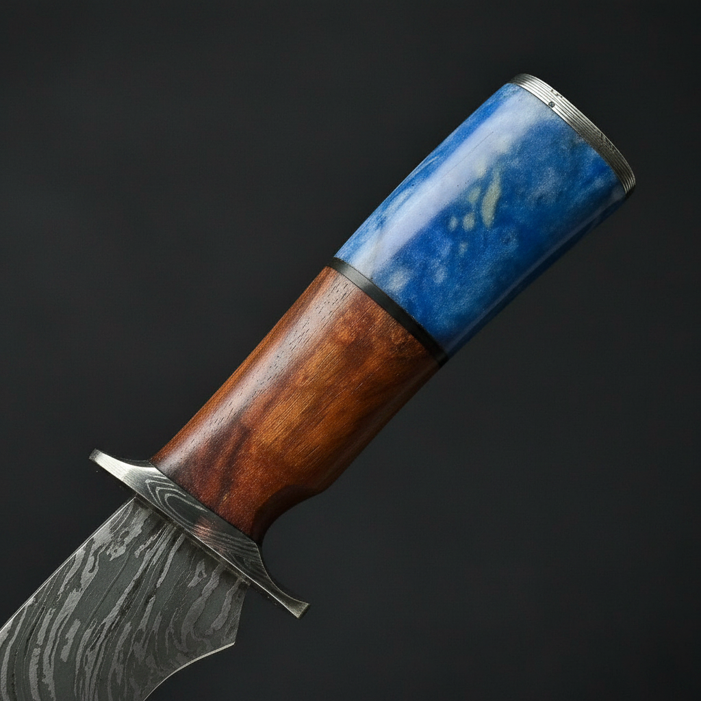 Damascus Kukri Knife with Walnut Wood & Blue Bone Handle — 9" Blade | HS-866 HS Knives Store