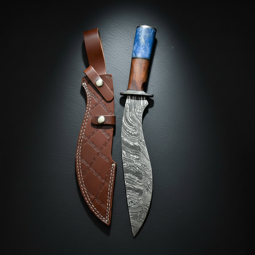 Damascus Kukri Knife with Walnut Wood & Blue Bone Handle — 9" Blade | HS-866 HS Knives Store
