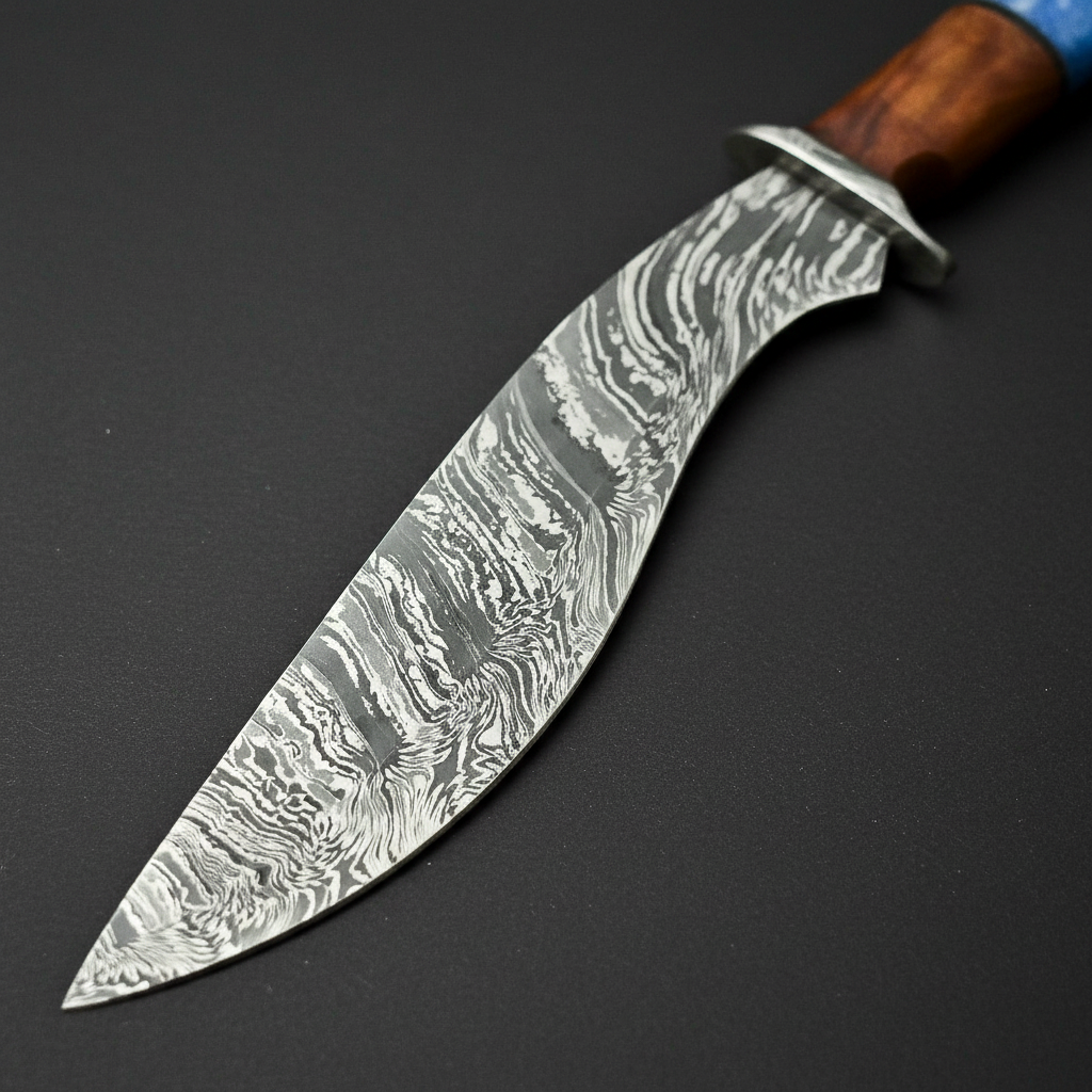 Damascus Kukri Knife with Walnut Wood & Blue Bone Handle — 9" Blade | HS-866 HS Knives Store