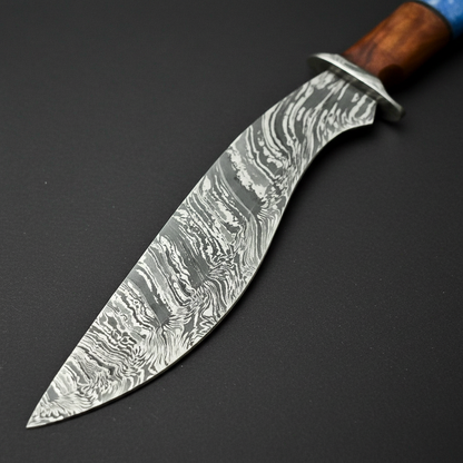 Damascus Kukri Knife with Walnut Wood & Blue Bone Handle — 9" Blade | HS-866 HS Knives Store