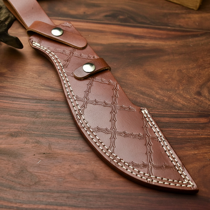 Damascus Kukri Knife with Walnut Wood & Blue Bone Handle — 9" Blade | HS-866 HS Knives Store