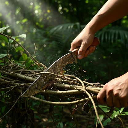 Hands Using Kukri Jungle Close-up