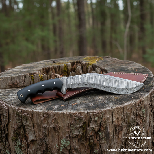 A fixed-blade knife with a patterned Damascus-style steel blade and black handle rests on a brown leather sheath atop a tree stump in a forest setting. The image has an HS Knives Store watermark in the bottom right corner.
