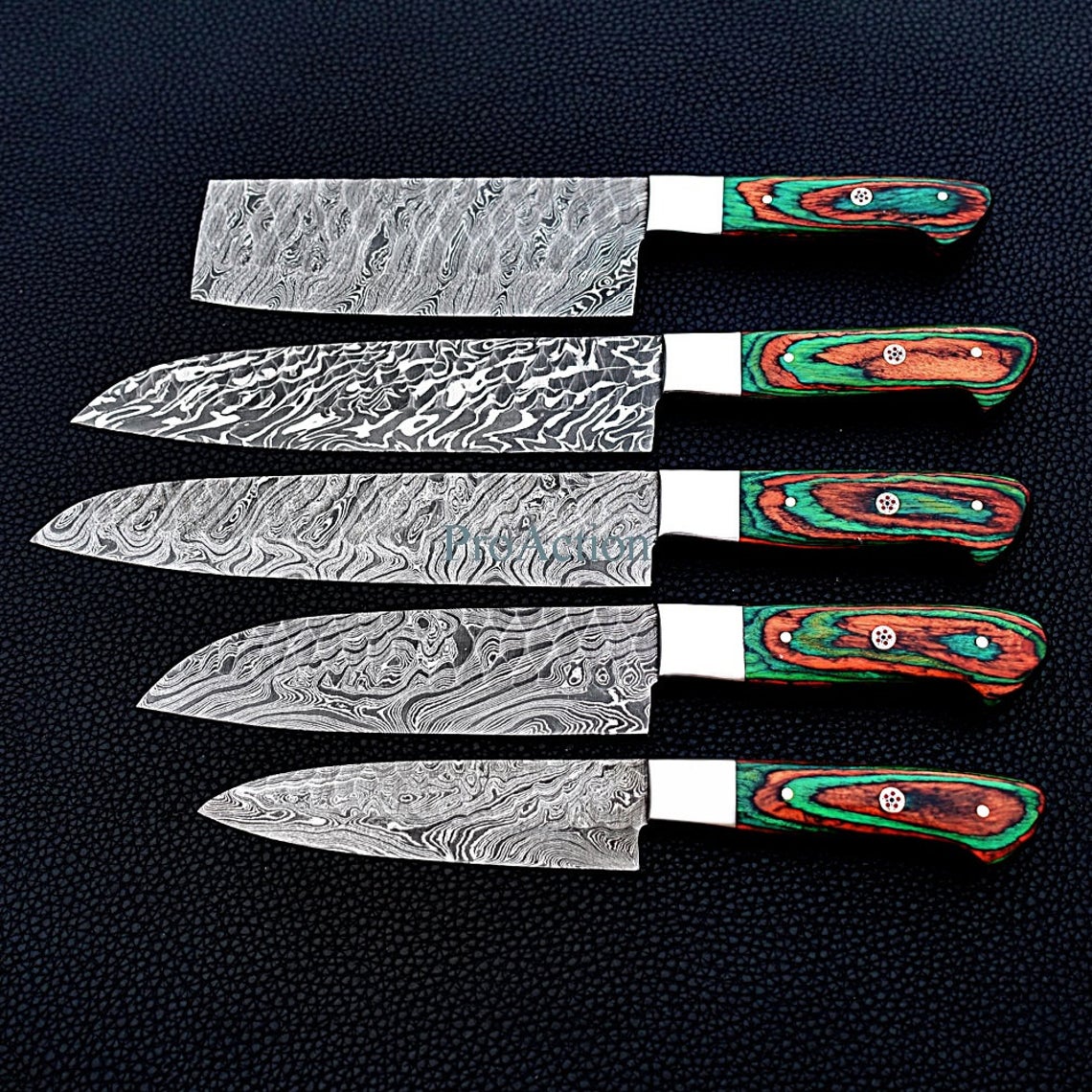 HS-170 Custom Handmade Damascus Five Pecs Kitchen/Chef Knives Set- Hard Wood Handle