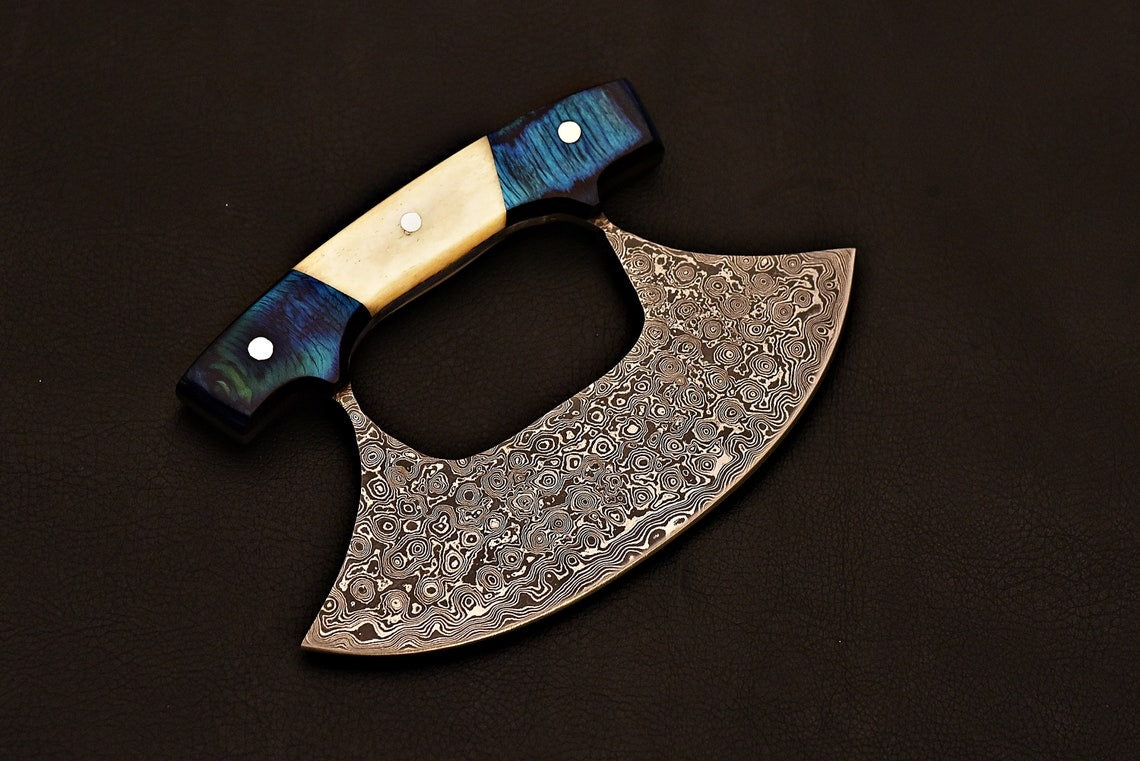 Damascus Ulu Knife – Bone & Blue Wood Handle with Sheath | HS-1031