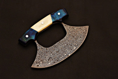 Damascus Ulu Knife – Bone & Blue Wood Handle with Sheath | HS-1031