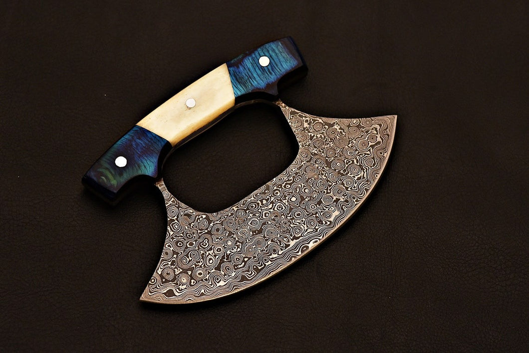 HS-1031 Handmade Damascus steel Chef Ulu Knife Pizza Cutter Knife with Bone and Blue wood Handle Also Come With Sheath