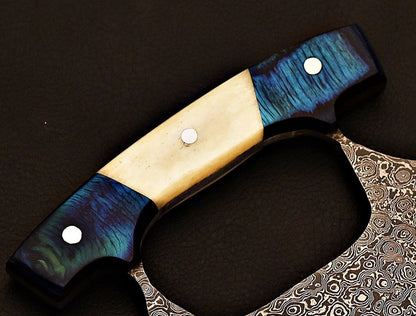 Damascus Ulu Knife – Bone & Blue Wood Handle with Sheath | HS-1031