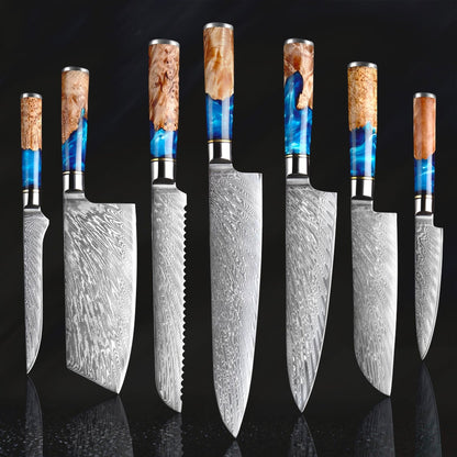 HS-177  Custom Handmade Damascus Eight Pecs Kitchen/Chef Knives - Blue Resin Wood Handle