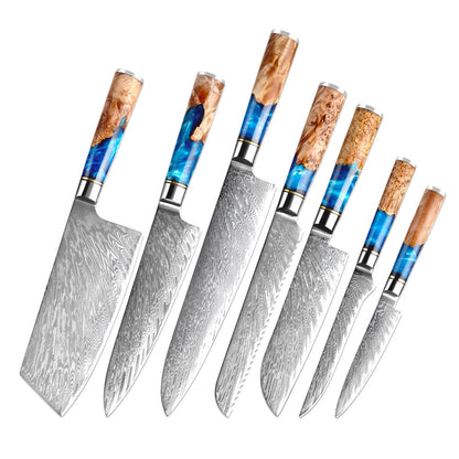 HS-177  Custom Handmade Damascus Eight Pecs Kitchen/Chef Knives - Blue Resin Wood Handle