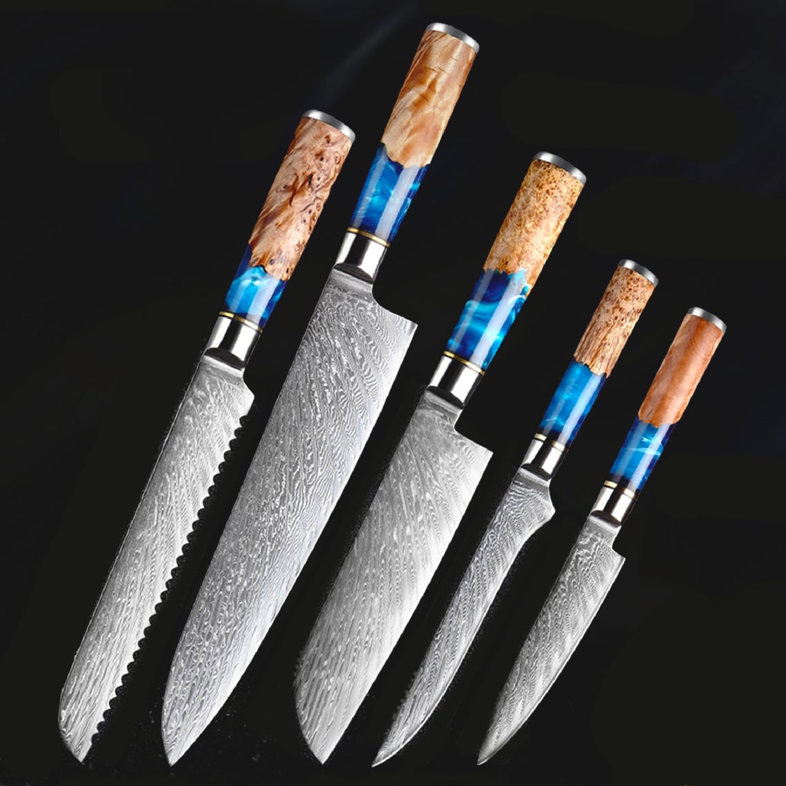 HS-177  Custom Handmade Damascus Eight Pecs Kitchen/Chef Knives - Blue Resin Wood Handle