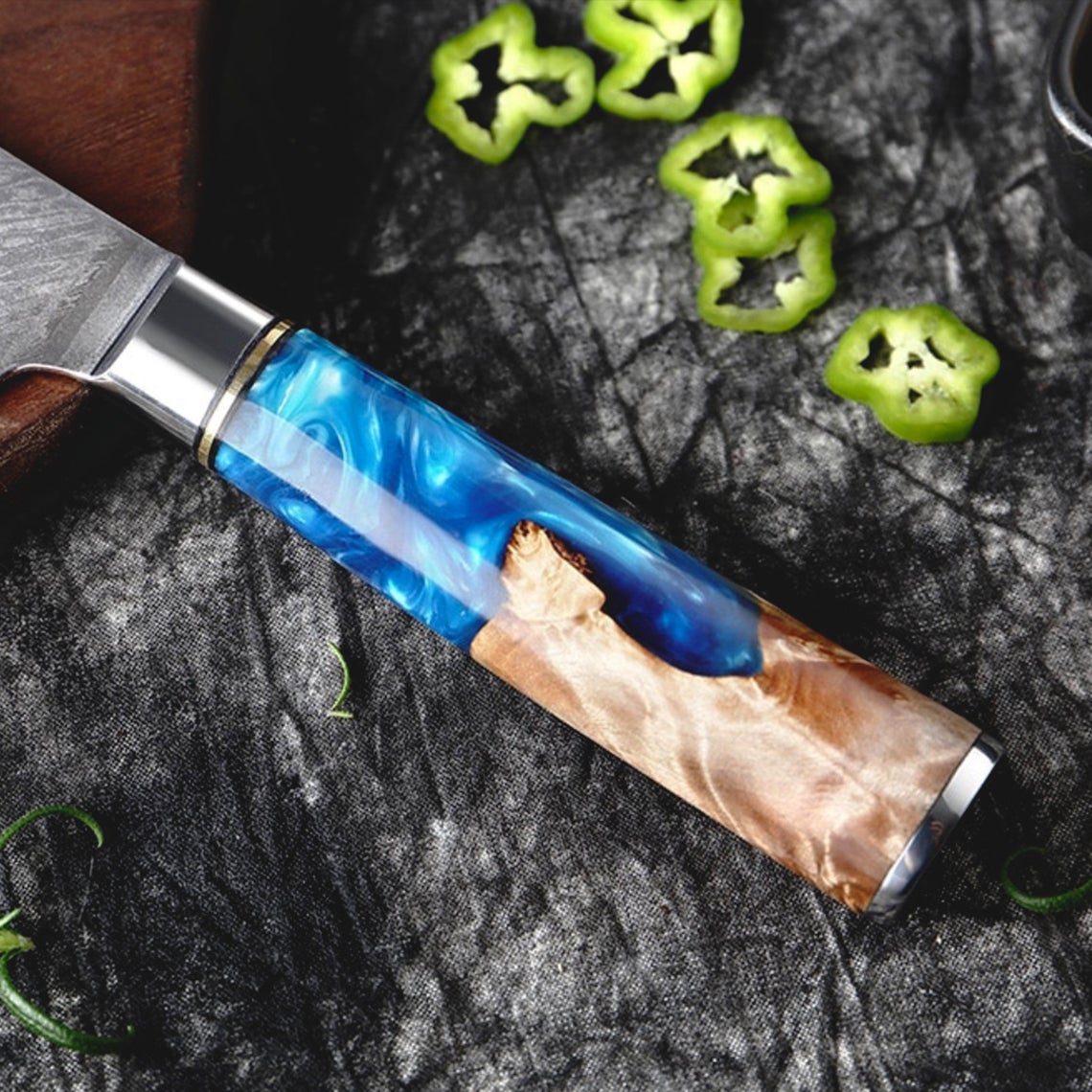HS-177  Custom Handmade Damascus Eight Pecs Kitchen/Chef Knives - Blue Resin Wood Handle
