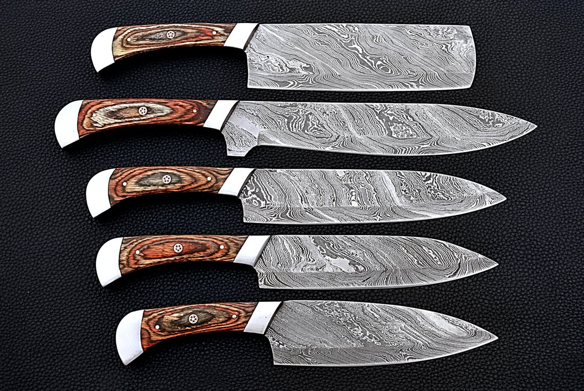 HS-162 Custom Handmade Damascus Five Pecs Kitchen/Chef Knives Set- Hard Wood Handle - Best Price