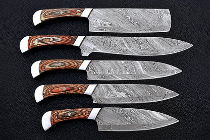 HS-159 Custom Handmade Damascus Five Pecs Kitchen/Chef Knives Set- Hard Wood Handle - Best Price