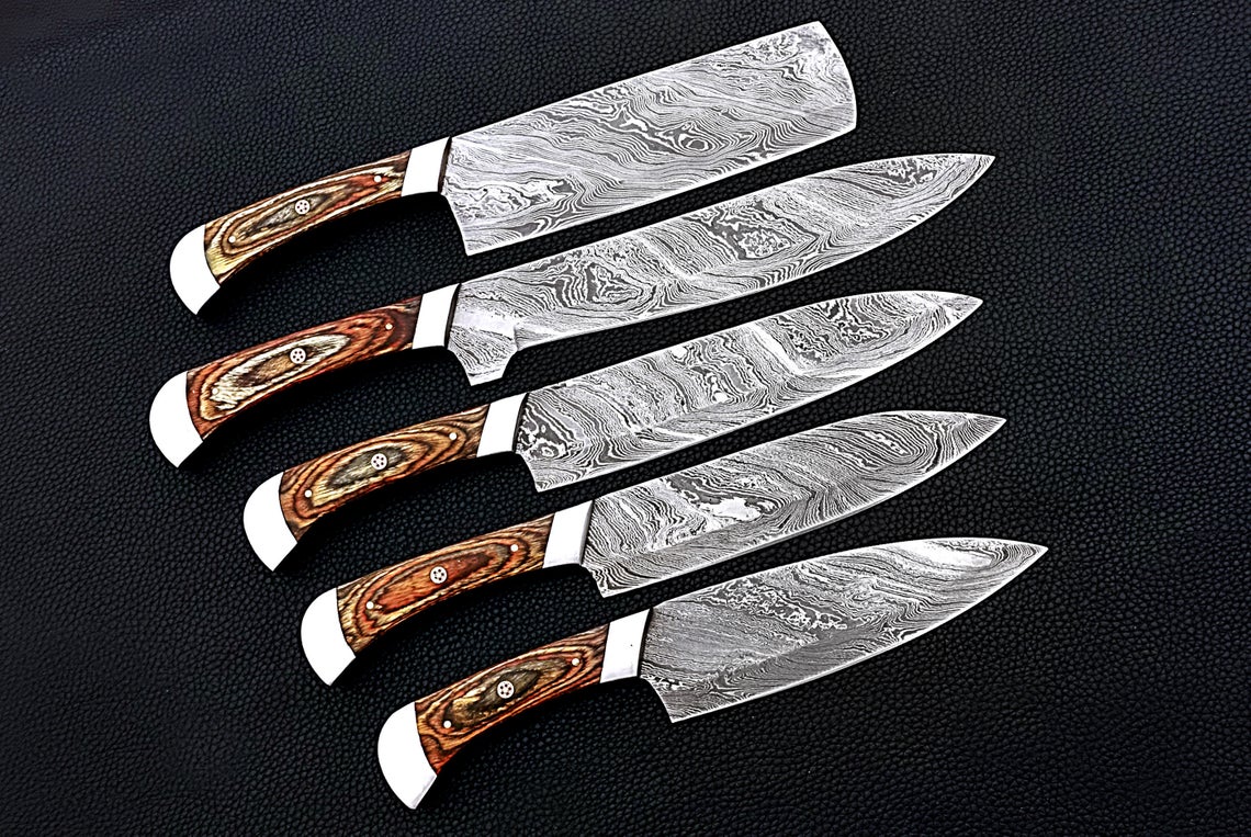 HS-162 Custom Handmade Damascus Five Pecs Kitchen/Chef Knives Set- Hard Wood Handle - Best Price