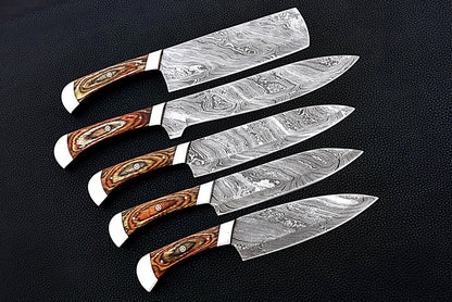 HS-159 Custom Handmade Damascus Five Pecs Kitchen/Chef Knives Set- Hard Wood Handle - Best Price