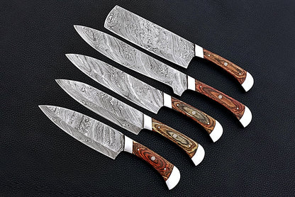 HS-159 Custom Handmade Damascus Five Pecs Kitchen/Chef Knives Set- Hard Wood Handle - Best Price