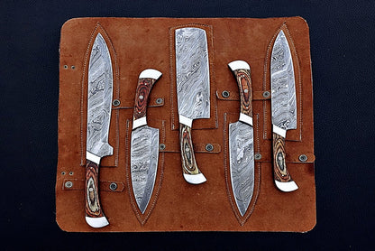 HS-162 Custom Handmade Damascus Five Pecs Kitchen/Chef Knives Set- Hard Wood Handle - Best Price