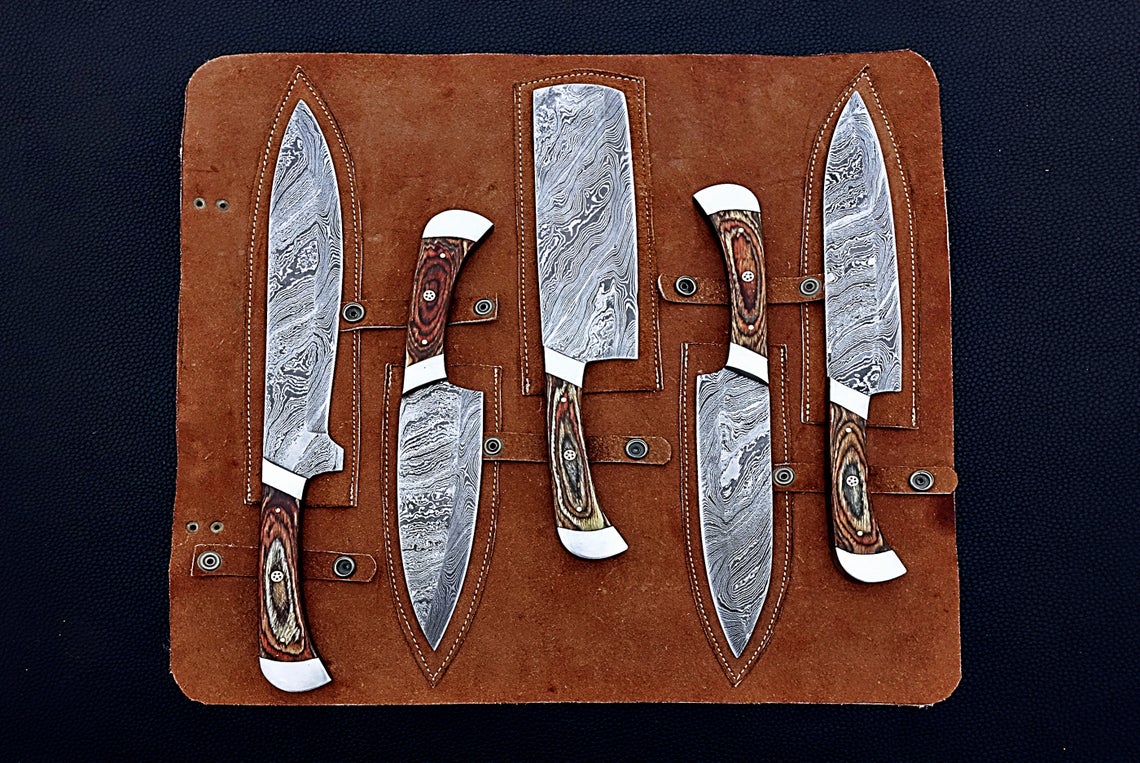 HS-159 Custom Handmade Damascus Five Pecs Kitchen/Chef Knives Set- Hard Wood Handle - Best Price