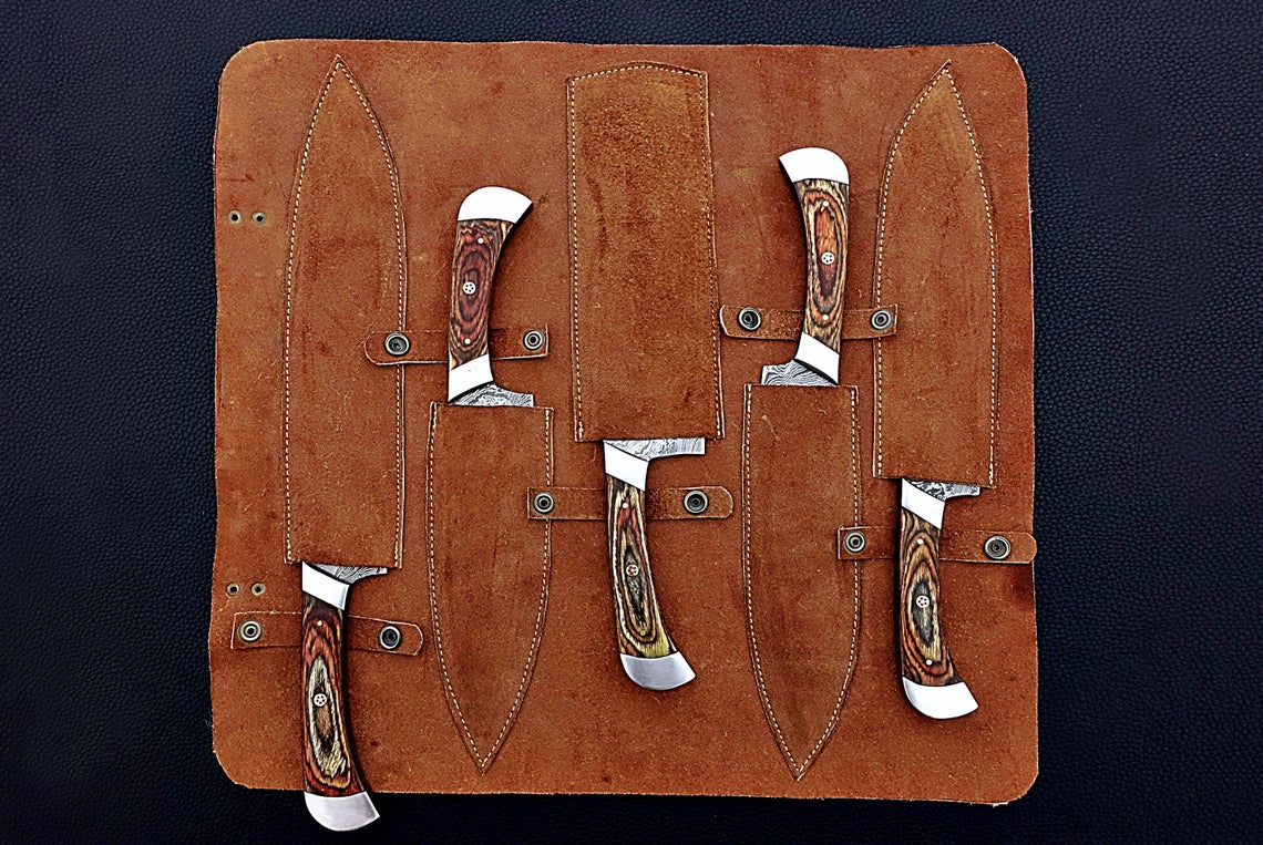 HS-159 Custom Handmade Damascus Five Pecs Kitchen/Chef Knives Set- Hard Wood Handle - Best Price